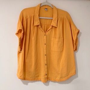 Old Navy Gauze Button Down Shirt Women 2X Orange Short Sleeve Cotton | Boho